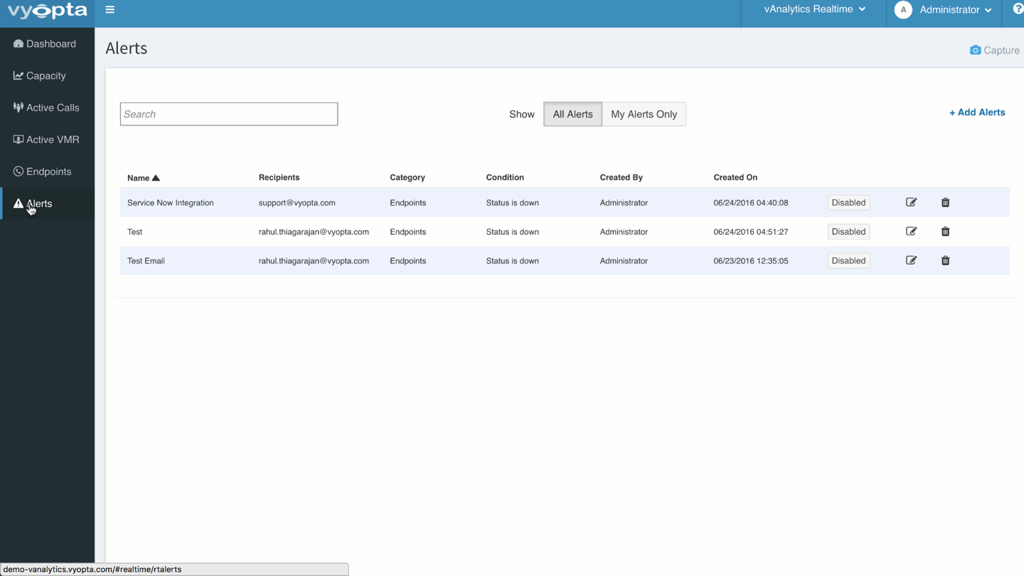 Custom video endpoint, capacity, and quality alert creation video 