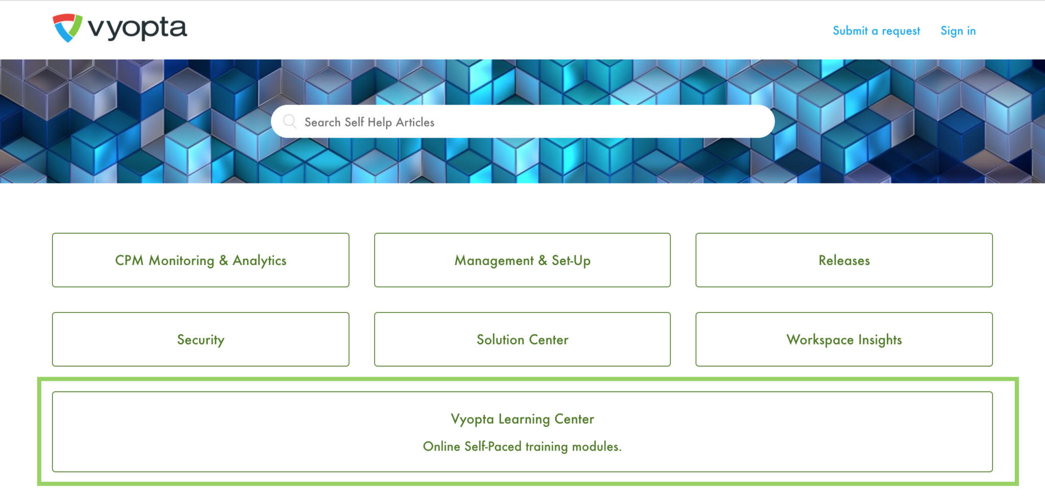 From the Vyopta Knowledge Base</a>, click on the category titled Vyopta Learning Center